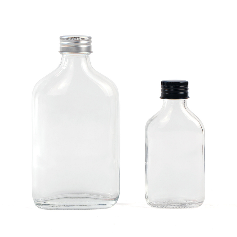 Square flat 200ml glass coffee drinks bottle with metal caps