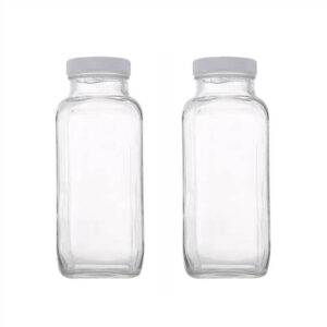 French square 8oz 12oz 16oz glass juice bottle with metal lids