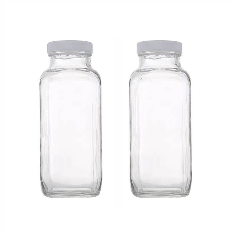 Clear Glass French Square Bottle with Silver Metal Plastisol Lid - 16 oz / 500 ml