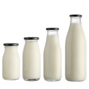 round glass milk bottles in different sizes