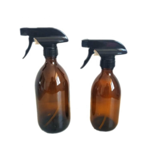 Frosted amber glass soap bottle with trigger and silicon sleeve